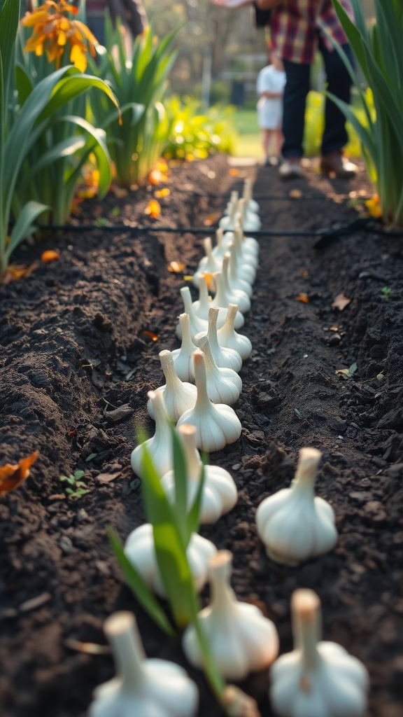 A garden bed with freshly planted garlic cloves and mulch, representing fall planting in Zone 7.